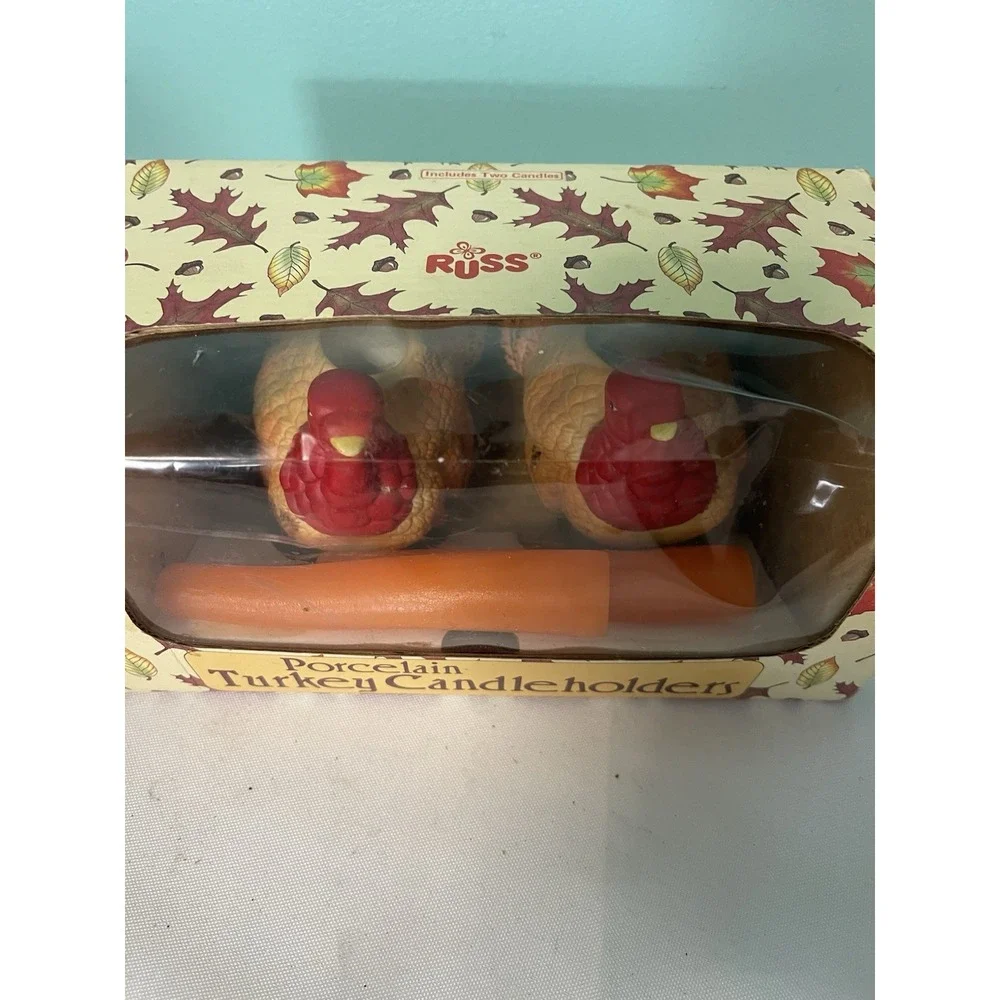 Russ Vintage Pair of Porcelain Thanksgiving Turkey Candleholders Bin-Z‎